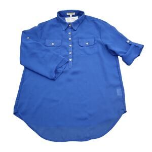 Nana Shirt Womens M Blue Chest Button Half Sleeve Collared Pockets Sheer Blouse